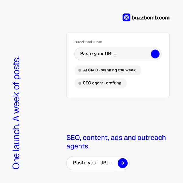 Instagram post for BuzzBomb: "One launch. A week of posts." Agentic glass style, vertical layout, light palette in white, blue.