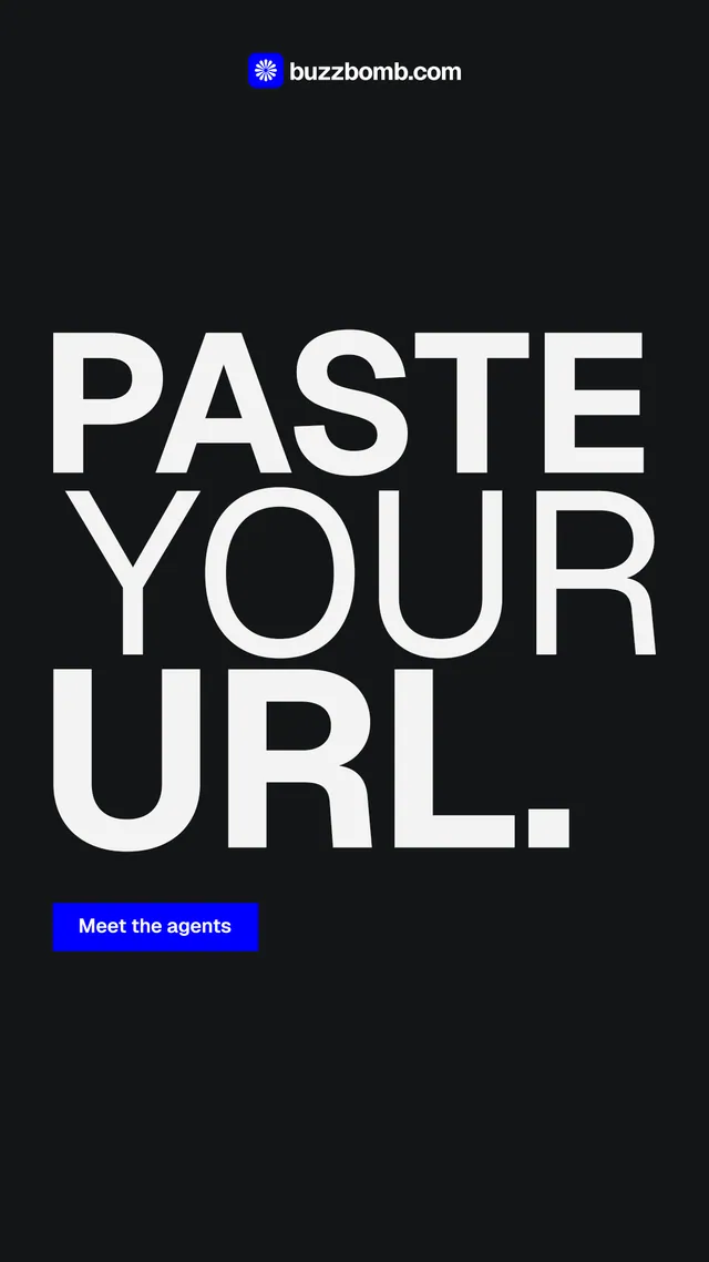 Instagram story for BuzzBomb: "Paste your URL." Swiss style, stacked layout, dark palette in black, grey.
