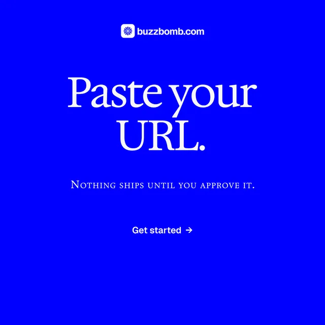 Instagram post for BuzzBomb: "Paste your URL." Split block style, smallcaps layout, dark palette in blue.