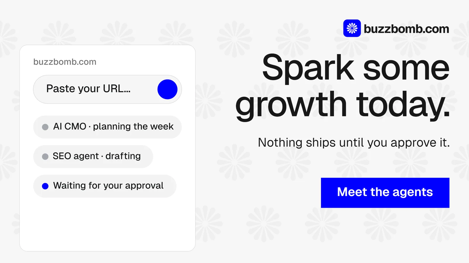 Landscape graphic for BuzzBomb: "Spark some growth today." Swiss style, right layout, light palette in white, blue.