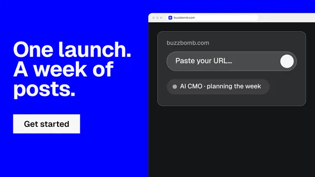 Landscape graphic for BuzzBomb: "One launch. A week of posts." Swiss style, browser layout, dark palette in black, blue, grey.