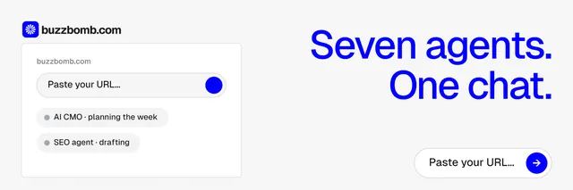 X header for BuzzBomb: "Seven agents. One chat." Agentic glass style, right layout, light palette in white, blue.
