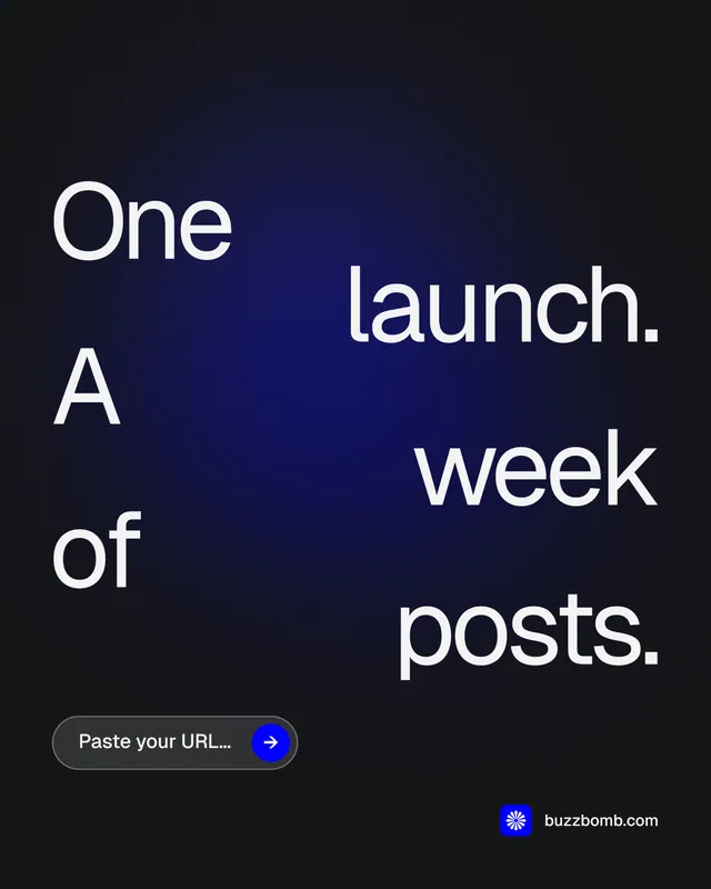 Instagram portrait post for BuzzBomb: "One launch. A week of posts." Agentic glass style, stacked layout, dark palette in black, blue, grey.