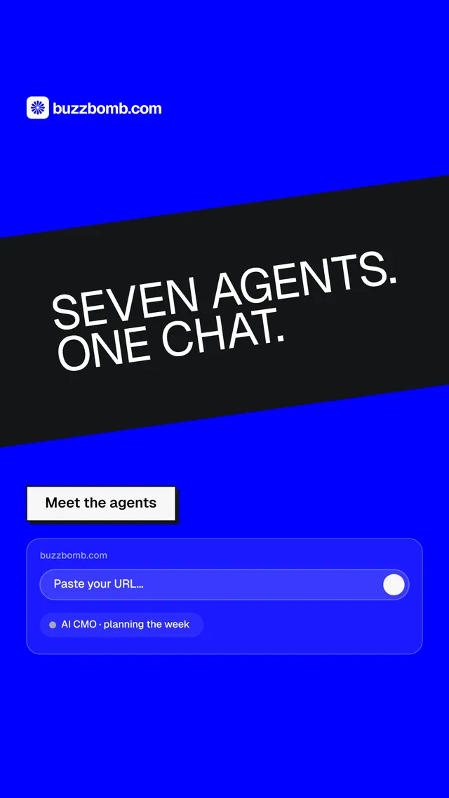 Instagram story for BuzzBomb: "Seven agents. One chat." Brutalist style, diagonal layout, dark palette in blue.