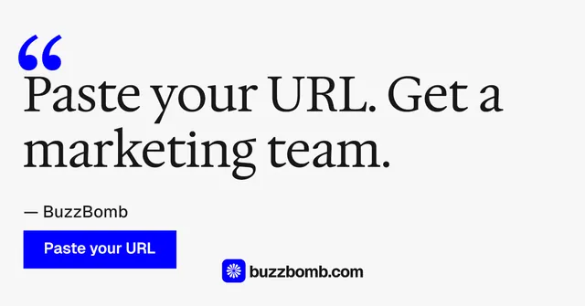 Social ad for BuzzBomb: "Spark some growth today." Swiss style, quote layout, light palette in white, blue.