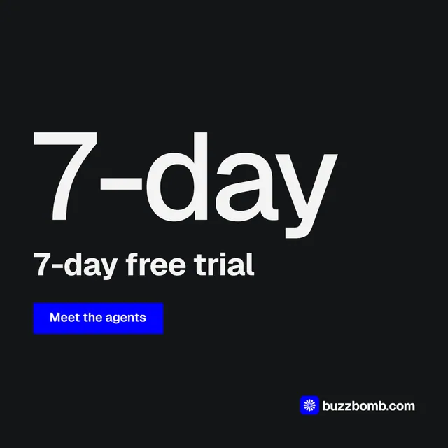 Instagram post for BuzzBomb: "One launch. A week of posts." Split block style, stat layout, dark palette in black, grey.