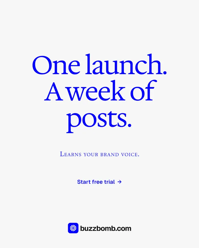 Instagram portrait post for BuzzBomb: "One launch. A week of posts." Agentic glass style, smallcaps layout, light palette in white, blue.
