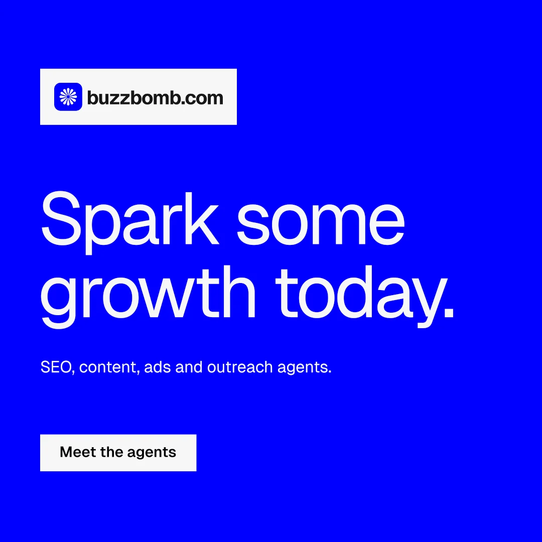 Instagram post for BuzzBomb: "Spark some growth today." Swiss style, announce layout, dark palette in blue.