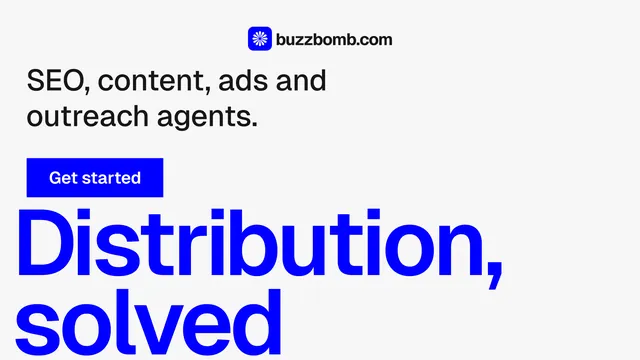 Landscape graphic for BuzzBomb: "Get a marketing team." Swiss style, oversized layout, light palette in white, blue.