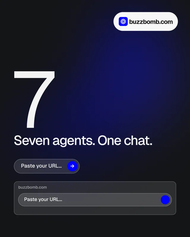 Instagram portrait post for BuzzBomb: "Your AI marketing team." Agentic glass style, stat layout, dark palette in black, blue, grey.