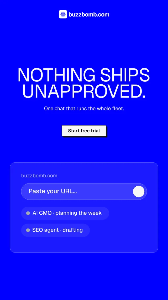 Instagram story for BuzzBomb: "Nothing ships unapproved." Brutalist style, centred layout, dark palette in blue.