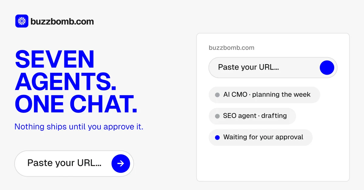 Social ad for BuzzBomb: "Seven agents. One chat." Agentic glass style, bottom layout, light palette in white, blue.