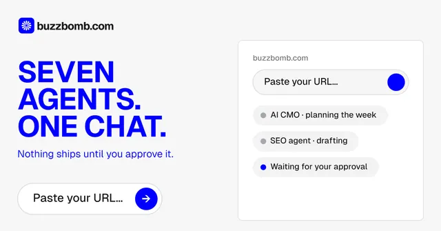 Social ad for BuzzBomb: "Seven agents. One chat." Agentic glass style, bottom layout, light palette in white, blue.