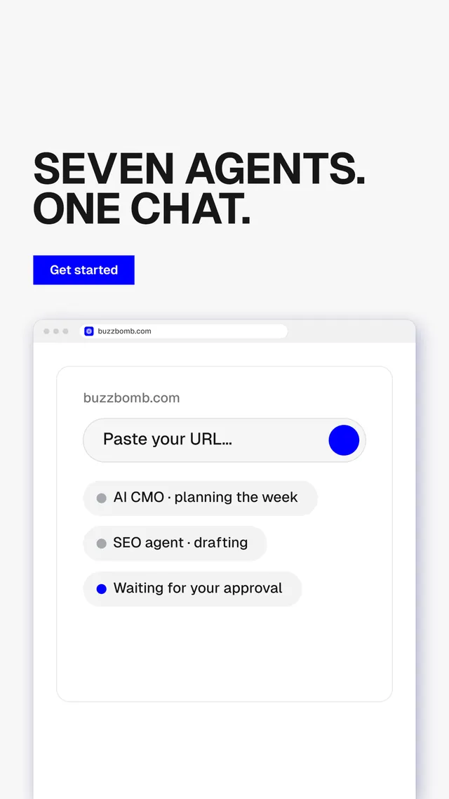 Instagram story for BuzzBomb: "Seven agents. One chat." Swiss style, browser layout, light palette in white.