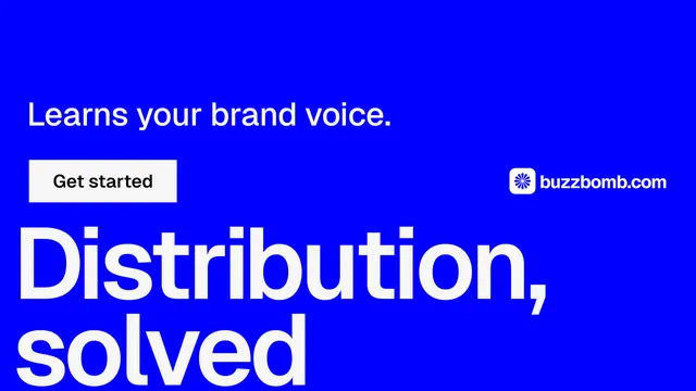 Landscape graphic for BuzzBomb: "Distribution, solved." Swiss style, oversized layout, dark palette in blue, white.
