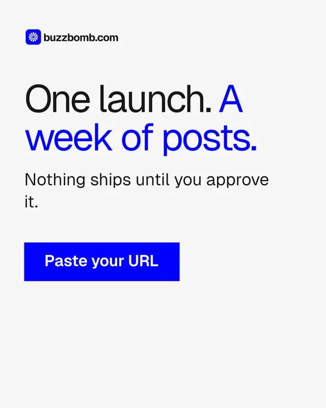 Instagram portrait post for BuzzBomb: "One launch. A week of posts." Swiss style, skeleton layout, light palette in white, blue.