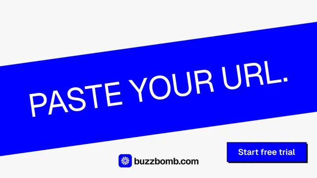Landscape graphic for BuzzBomb: "Paste your URL." Brutalist style, diagonal layout, light palette in blue, white.