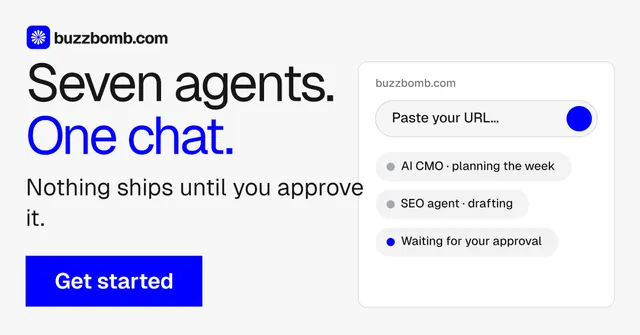 Social ad for BuzzBomb: "Seven agents. One chat." Swiss style, skeleton layout, light palette in white, blue.
