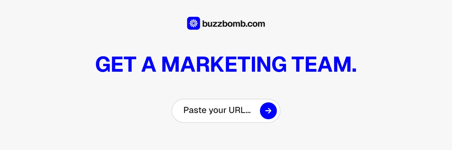 X header for BuzzBomb: "Get a marketing team." Agentic glass style, centred layout, light palette in white.