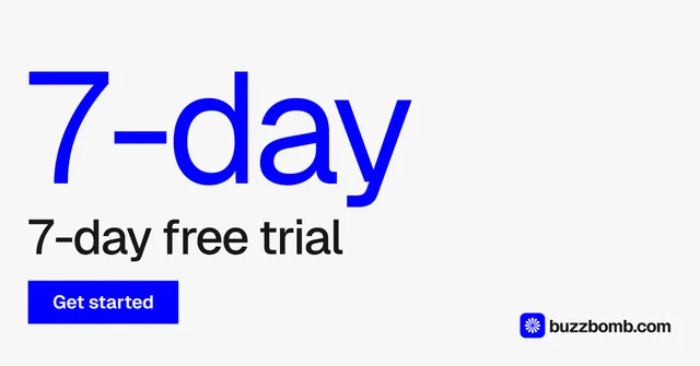 Social ad for BuzzBomb: "Get a marketing team." Swiss style, stat layout, light palette in white, blue.