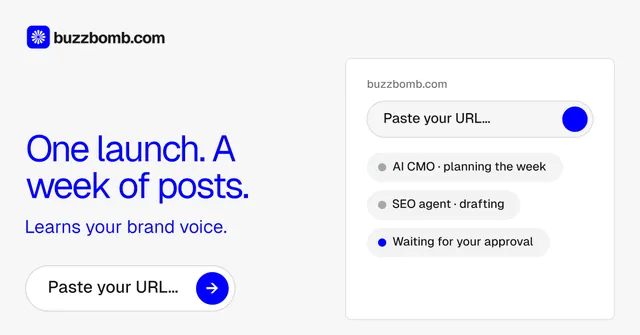 Social ad for BuzzBomb: "One launch. A week of posts." Agentic glass style, bottom layout, light palette in white, blue.