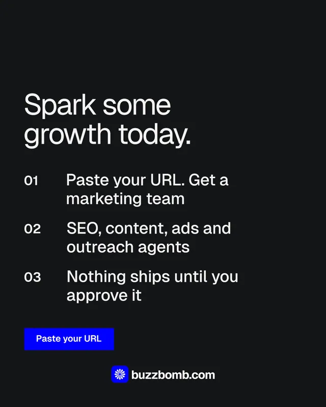 Instagram portrait post for BuzzBomb: "Spark some growth today." Swiss style, numbered layout, dark palette in black, grey.