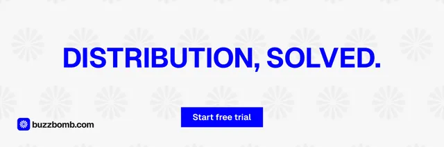 X header for BuzzBomb: "Distribution, solved." Swiss style, centred layout, light palette in white, blue.