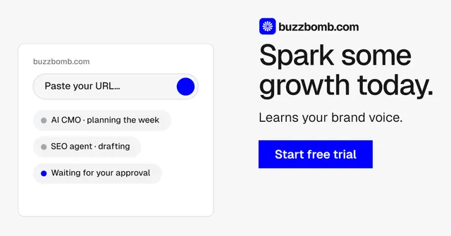 Social ad for BuzzBomb: "Spark some growth today." Swiss style, skeleton layout, light palette in white, blue.