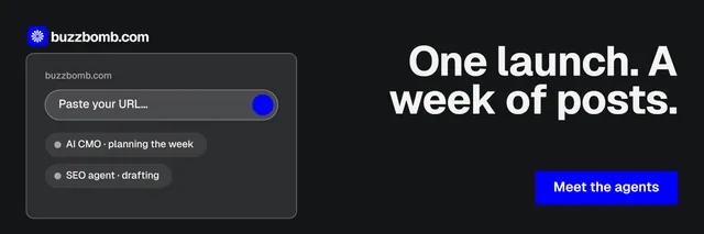 X header for BuzzBomb: "One launch. A week of posts." Split block style, right layout, dark palette in black, grey.