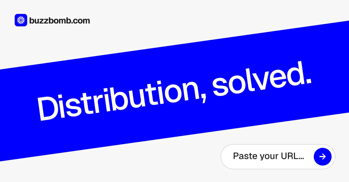 Social ad for BuzzBomb: "Distribution, solved." Agentic glass style, diagonal layout, light palette in blue, white.
