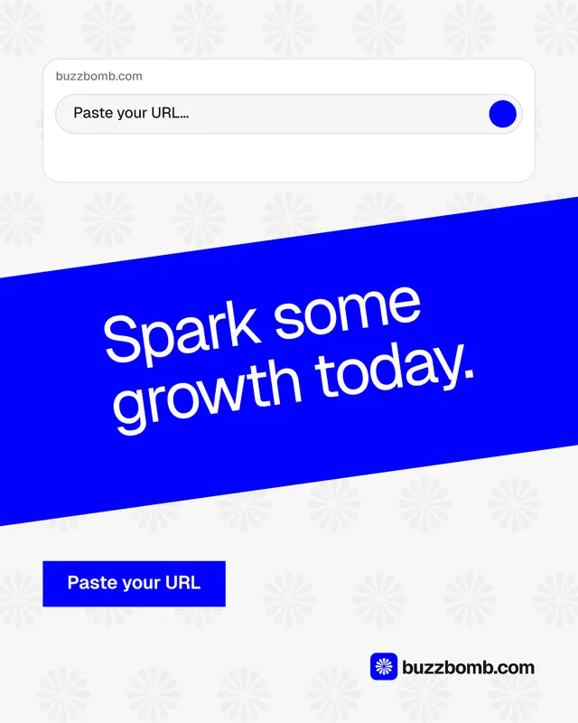 Instagram portrait post for BuzzBomb: "Spark some growth today." Swiss style, diagonal layout, light palette in blue, white.