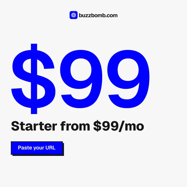 Instagram post for BuzzBomb: "Paste your URL." Brutalist style, stat layout, light palette in white, blue.