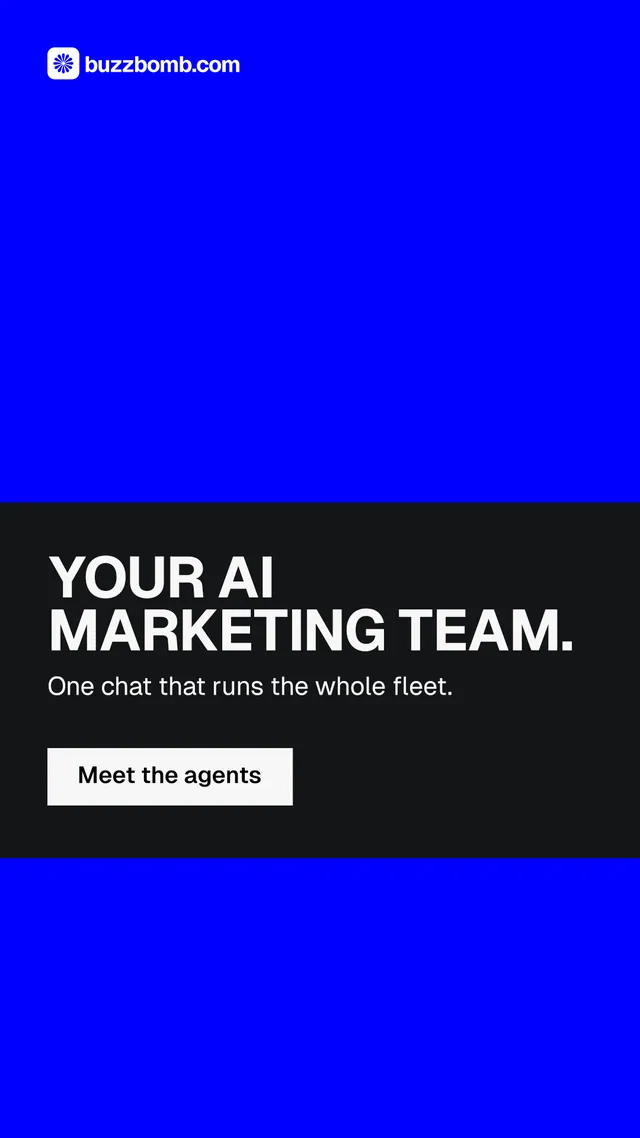 Instagram story for BuzzBomb: "Your AI marketing team." Swiss style, skeleton layout, dark palette in blue, black.