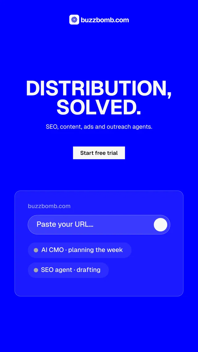Instagram story for BuzzBomb: "Distribution, solved." Split block style, centred layout, dark palette in blue.