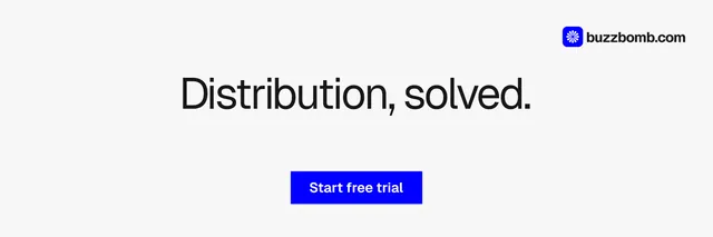 X header for BuzzBomb: "Distribution, solved." Swiss style, centred layout, light palette in white.