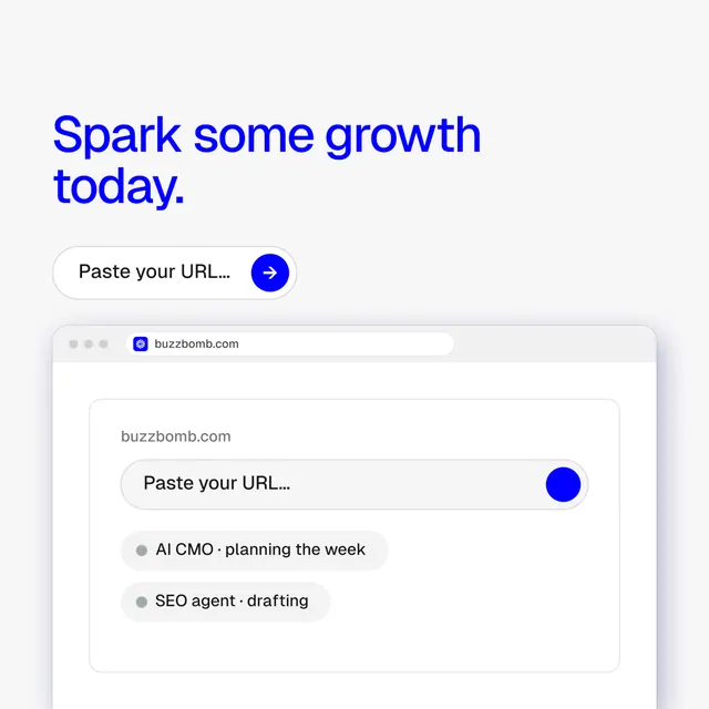 Instagram post for BuzzBomb: "Spark some growth today." Agentic glass style, browser layout, light palette in white, blue.