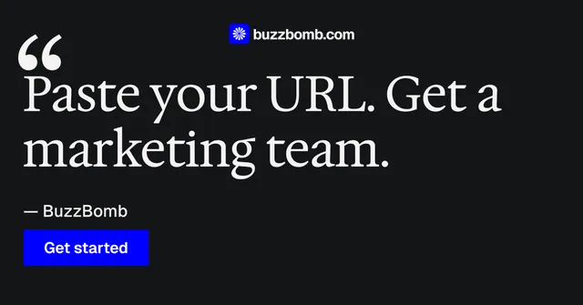Social ad for BuzzBomb: "Paste your URL." Split block style, quote layout, dark palette in black, grey.