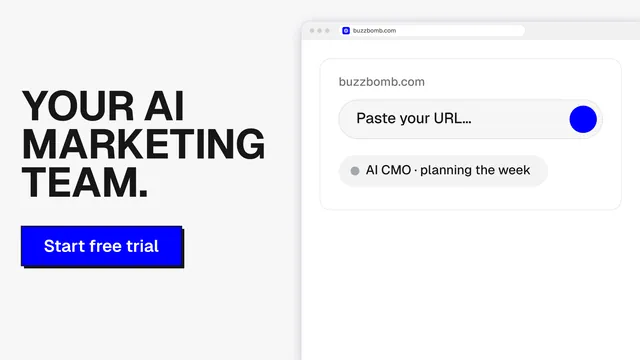 Landscape graphic for BuzzBomb: "Your AI marketing team." Brutalist style, browser layout, light palette in white, blue.