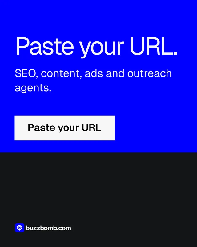 Instagram portrait post for BuzzBomb: "Paste your URL." Split block style, skeleton layout, dark palette in blue, black.