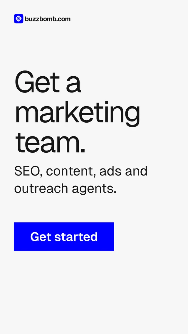 Instagram story for BuzzBomb: "Get a marketing team." Swiss style, skeleton layout, light palette in white, grey, blue.