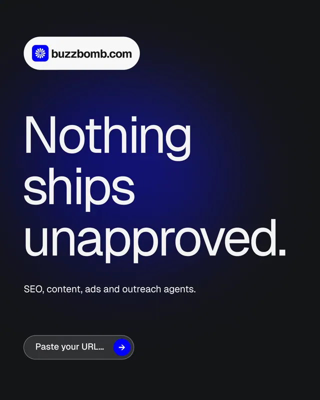 Instagram portrait post for BuzzBomb: "Nothing ships unapproved." Agentic glass style, announce layout, dark palette in black, blue, grey.