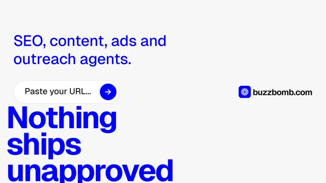 Landscape graphic for BuzzBomb: "Get a marketing team." Agentic glass style, oversized layout, light palette in white, blue.