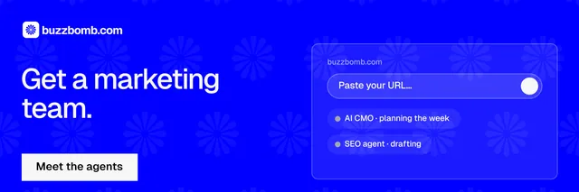X header for BuzzBomb: "Get a marketing team." Swiss style, bottom layout, dark palette in blue.