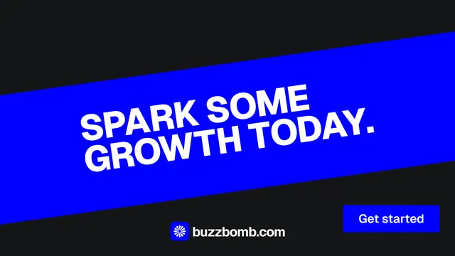 Landscape graphic for BuzzBomb: "Spark some growth today." Brutalist style, diagonal layout, dark palette in blue, black.