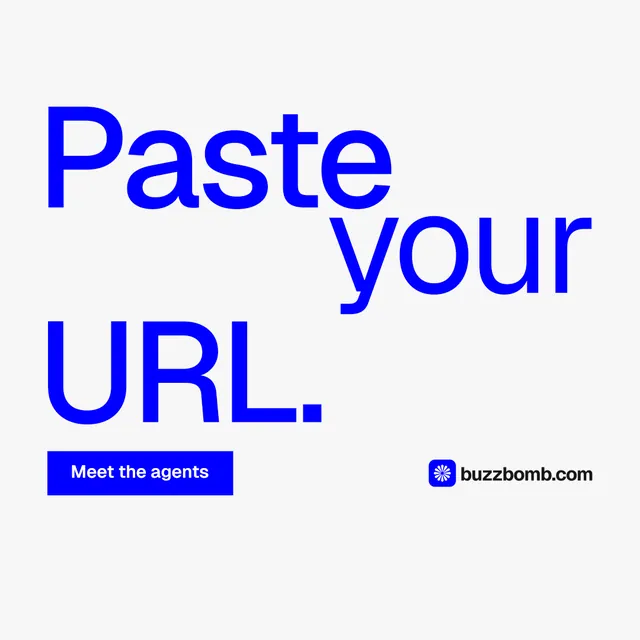 Instagram post for BuzzBomb: "Paste your URL." Swiss style, stacked layout, light palette in white, blue.