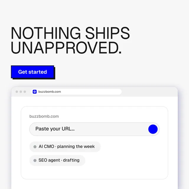 Instagram post for BuzzBomb: "Nothing ships unapproved." Brutalist style, browser layout, light palette in white.
