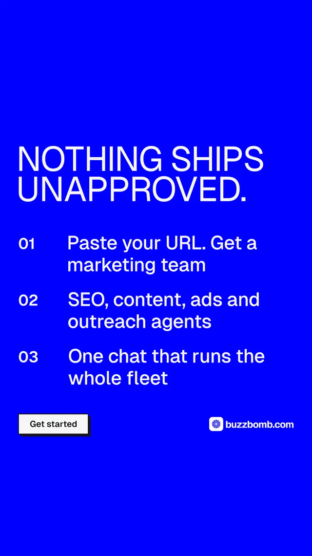 Instagram story for BuzzBomb: "Nothing ships unapproved." Brutalist style, numbered layout, dark palette in blue.