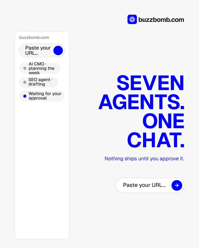Instagram portrait post for BuzzBomb: "Seven agents. One chat." Agentic glass style, right layout, light palette in white, blue.