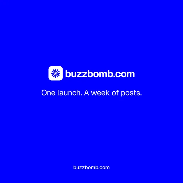 Instagram post for BuzzBomb: "One launch. A week of posts." Split block style, end card layout, dark palette in blue.