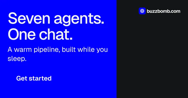 Social ad for BuzzBomb: "Seven agents. One chat." Split block style, skeleton layout, dark palette in blue, black.